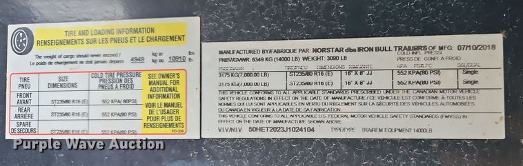 image for item DT7540 2018 Norstar equipment trailer