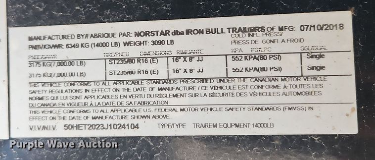 image for item DT7540 2018 Norstar equipment trailer