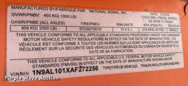 image for item DU9498 2010 National Signal, Inc. Aero-Lite  arrow board trailer