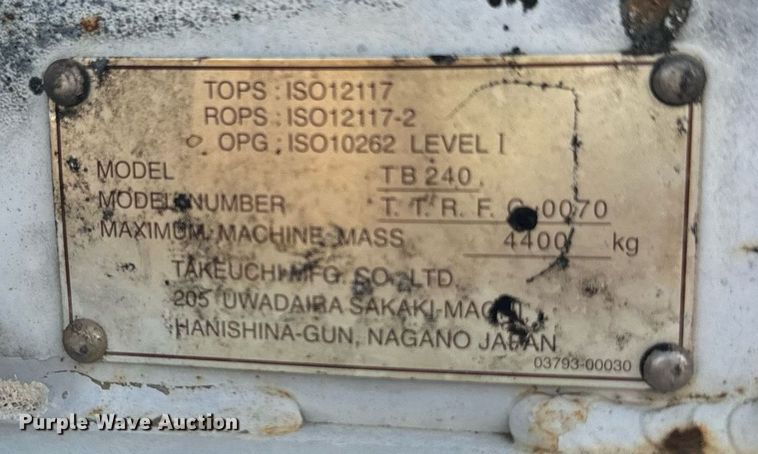 image for item DU9499 2016 Takeuchi TB240 mini excavator