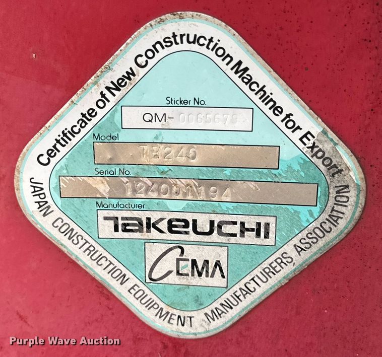 image for item DU9499 2016 Takeuchi TB240 mini excavator