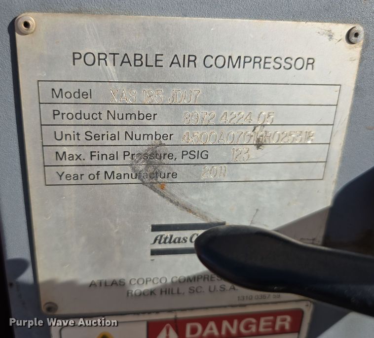 image for item DV0008 2011 Atlas Copco XAS 185 JDU7 air compressor