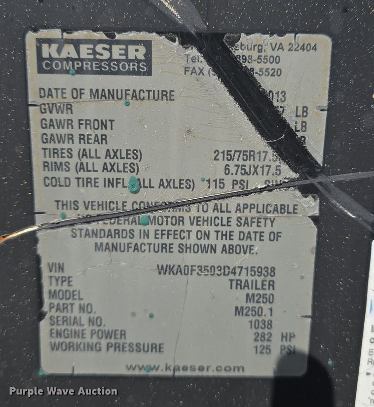 image for item DV0019 2013 Kaeser M250 air compressor