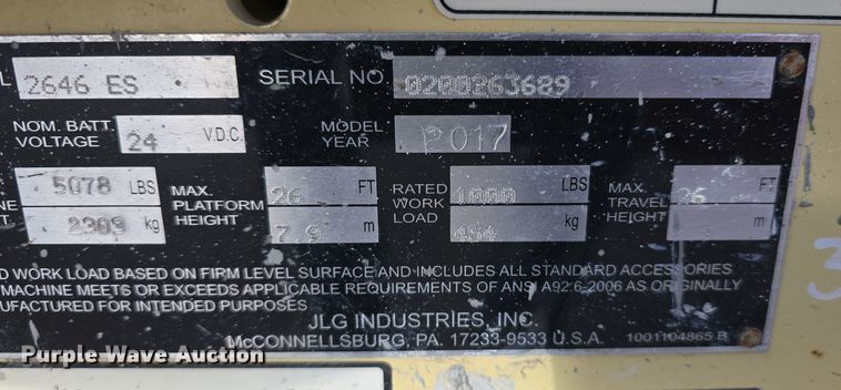 image for item DV0022 2017 JLG 2646 ES scissor lift