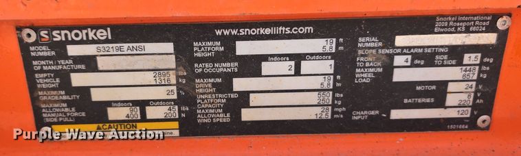 image for item DV0023 2017 Snorkel S3219E scissor lift