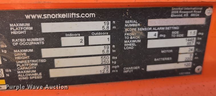 image for item DV0023 2017 Snorkel S3219E scissor lift