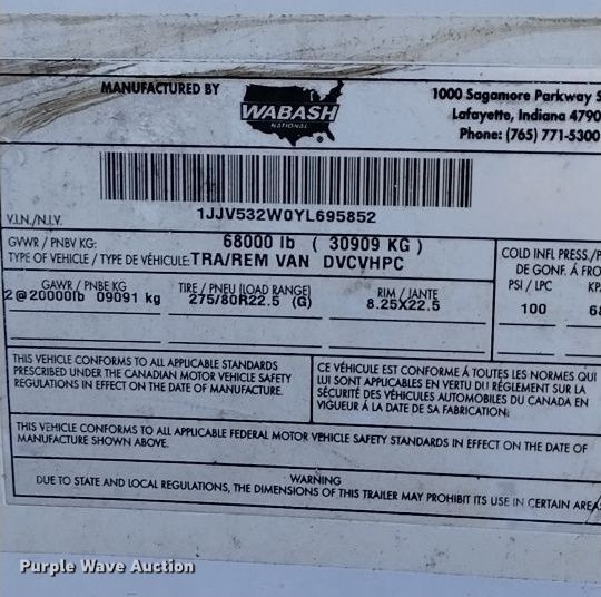 image for item DV6570 2000 Wabash DVCVHPC dry van trailer