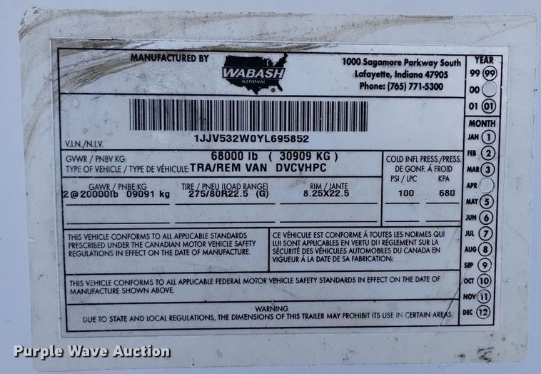 image for item DV6570 2000 Wabash DVCVHPC dry van trailer