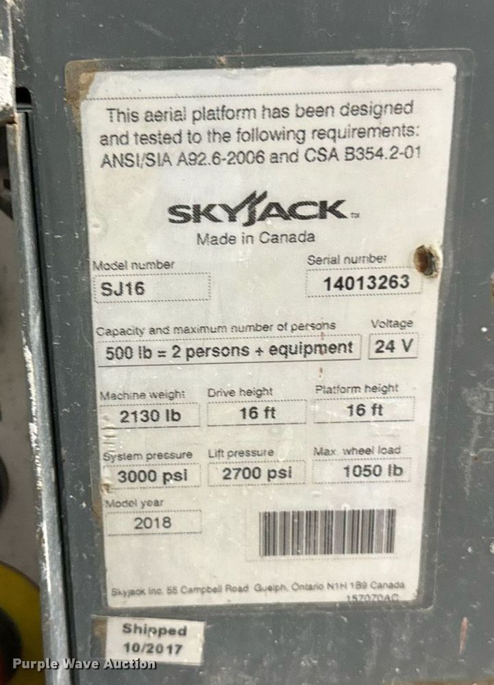 image for item DW2379 2018 Skyjack SJ16 vertical lift