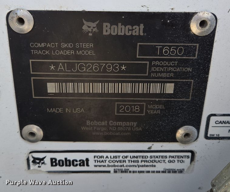 image for item EE8735 2018 Bobcat  T650 tracked skid steer loader