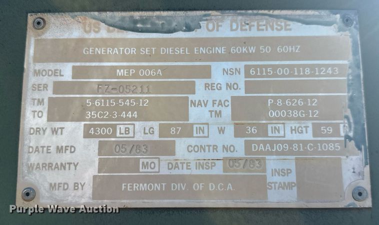 image for item MS9865 1983 Fermont MEP-006A generator