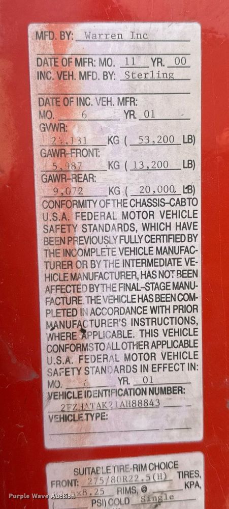 image for item MS9950 2001 Sterling LT7500 dump truck