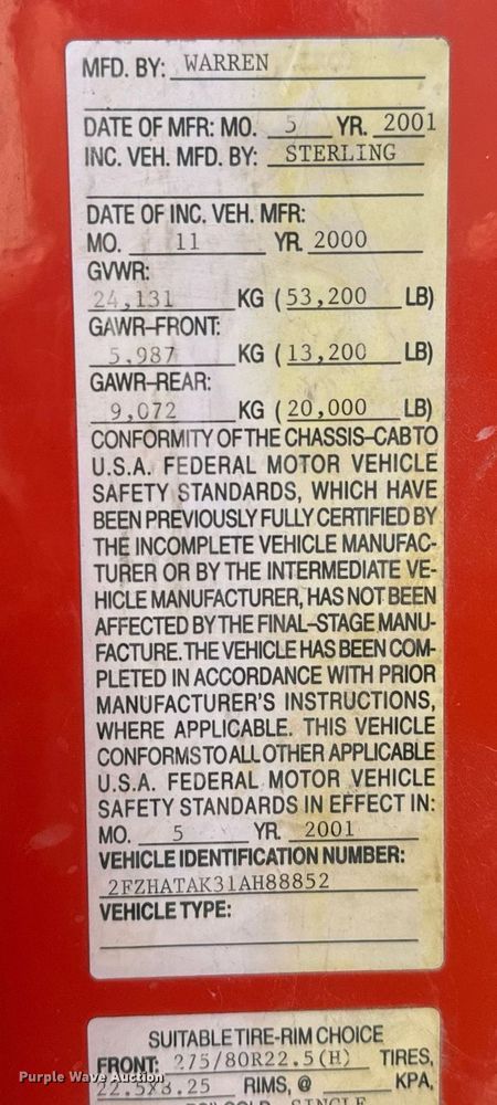 image for item MS9951 2001 Sterling LT7500 dump truck