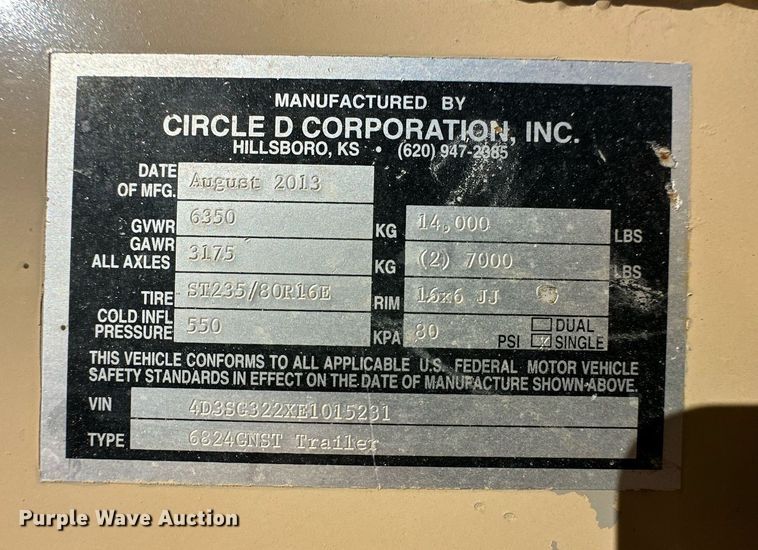 image for item DQ3167 2014 Circle D 6824GNST livestock trailer