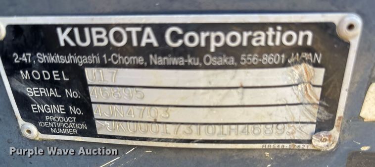 image for item JT9639 2018 Kubota  U17 mini excavator