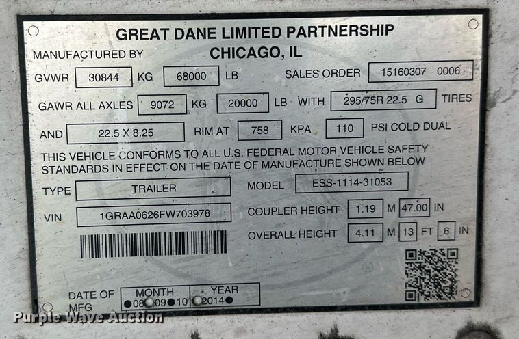 image for item DN0866 2015 Great Dane  ESS-1114-31053 refrigerated van trailer