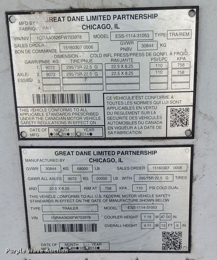 image for item DN0866 2015 Great Dane  ESS-1114-31053 refrigerated van trailer