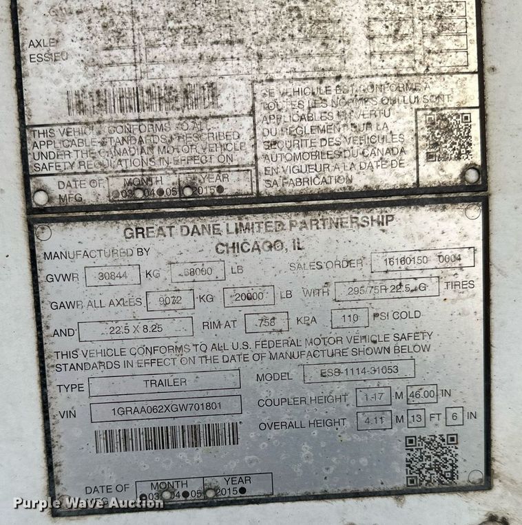 image for item DN0867 2016 Great Dane  ESS-1114-31053 refrigerated van trailer