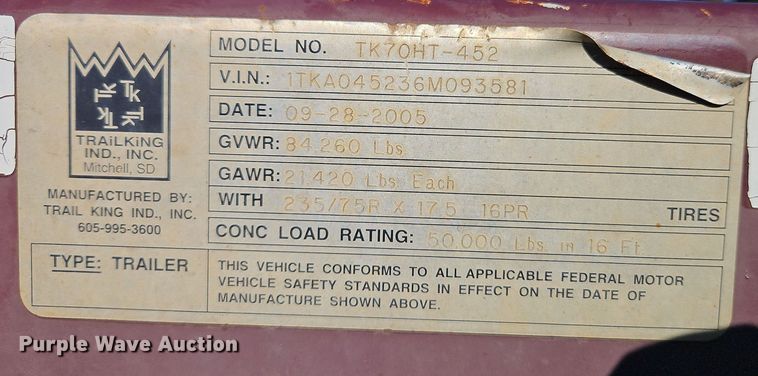 image for item DT7572 2006 Trail King TK70HT 452 drop deck hydraulic tail equipment trailer