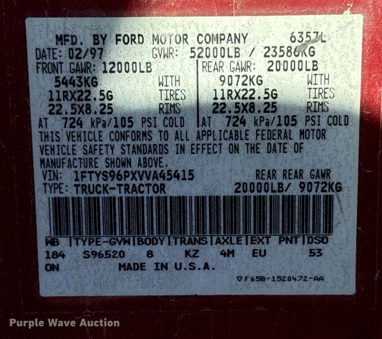 image for item DX3777 1997 Ford LT9513 semi truck