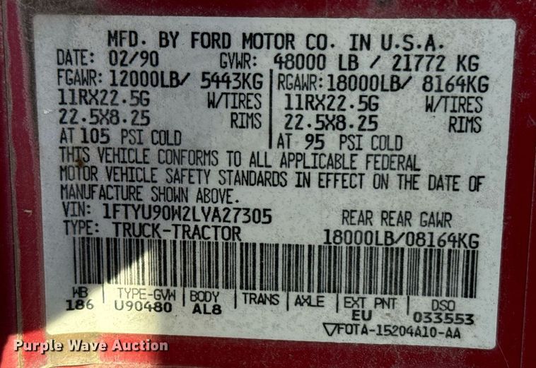 image for item DX3784 1990 Ford U90 semi truck