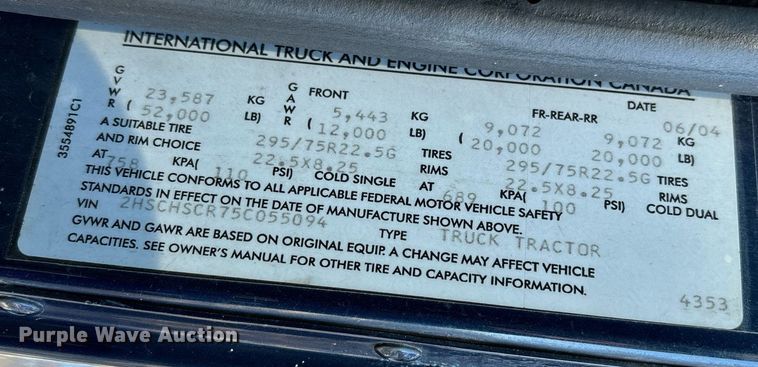 image for item EL8999 2005 International 9900i semi truck