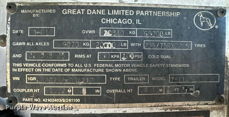 image for item ER8152 2002 Great Dane 7811T7-1A-53 refrigerated van trailer