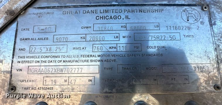 image for item ER8153 2011 Great Dane SUP-1114-31053 refrigerated van trailer