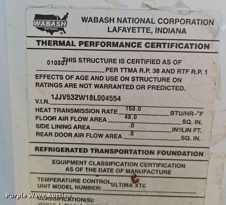 image for item OJ9101 2008 Wabash refrigerated van trailer