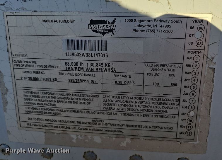 image for item OJ9102 2008 Wabash Reefer Trailer refrigerated van trailer