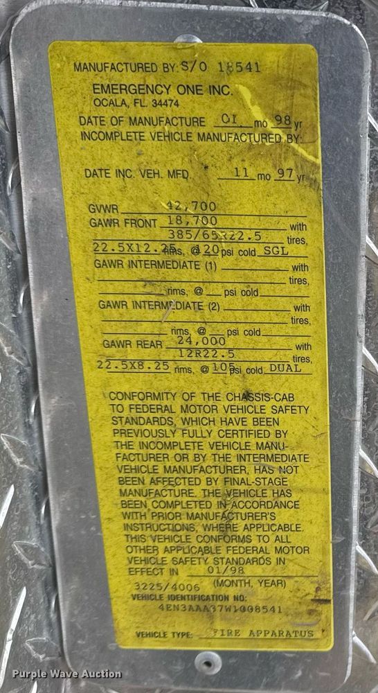 image for item DO7648 1998 Emergency One pumper fire truck