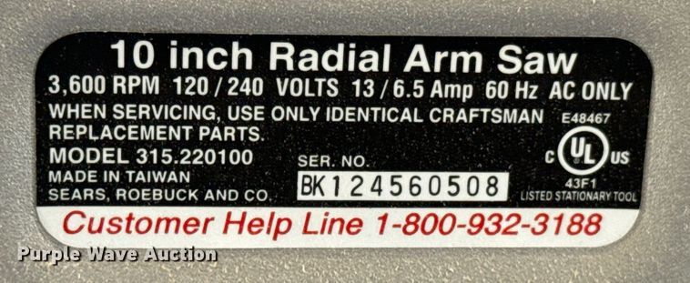 image for item DU9585 Craftsman 315.220100 radial arm saw