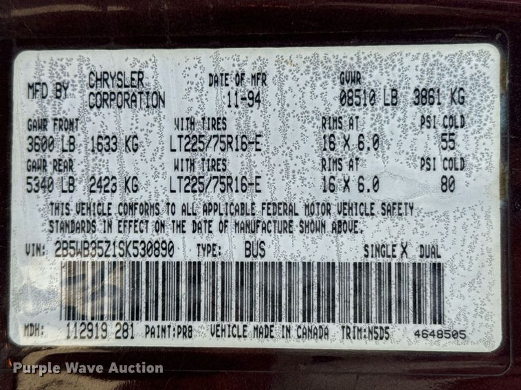 image for item DU9592 1995 Dodge Ram Wagon B3500 van