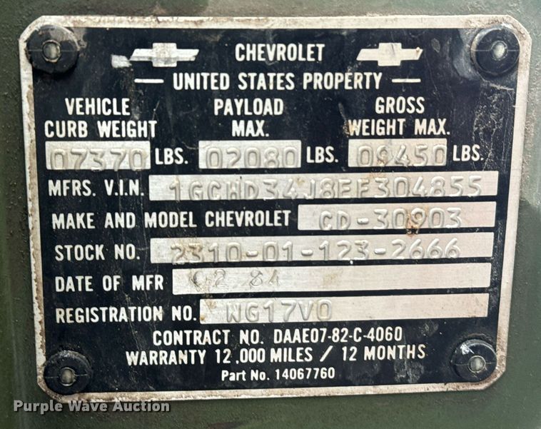 image for item DX3766 1984 Chevrolet D30 Military Postal Unit box truck