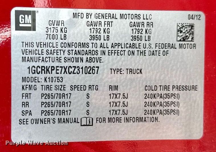 image for item EG6999 2012 Chevrolet Silverado 1500 Ext. Cab pickup truck