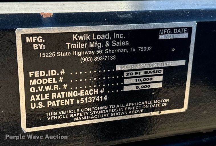 image for item EG7000 2011 Kwik Load 20Ft Basic tilt deck utility trailer