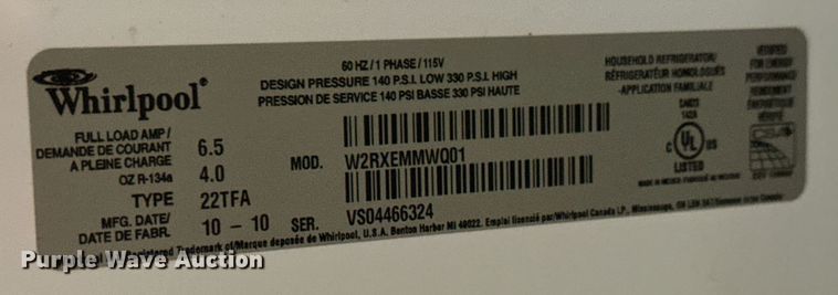 image for item LH9294 2010 Whirlpool W2RXEMMWQ01 refrigerator 