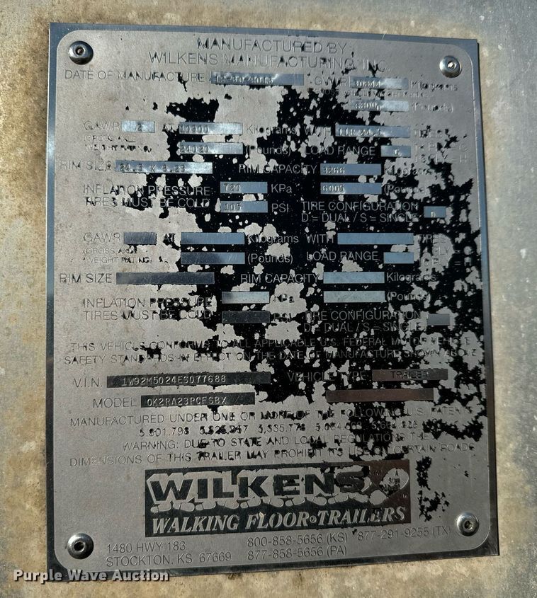 image for item MS9974 2014 Wilkens  OK2RA23PCFSBX walking floor trailer