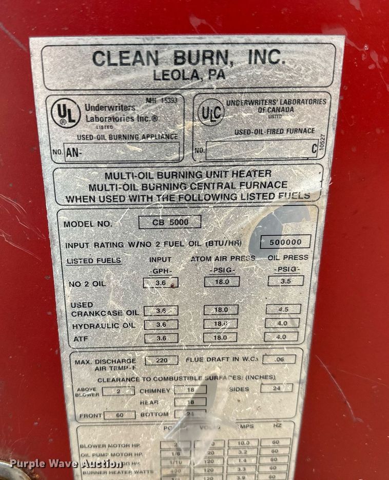 image for item MS9978 Clean Burn  CB5000 waste oil heater