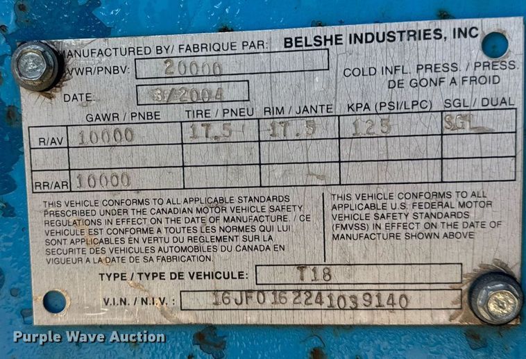 image for item DO7634 2004 Belshe T18 equipment trailer