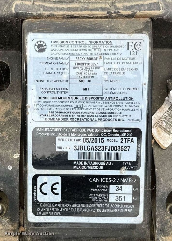 image for item DT2143 2015 Can AM  Outlander L ATV