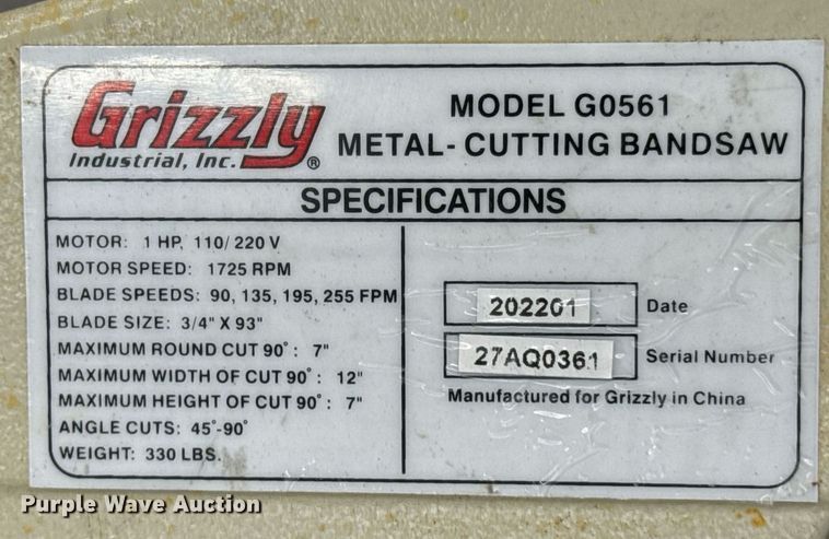 image for item DU9614 Grizzly G0561 metal cutting band saw