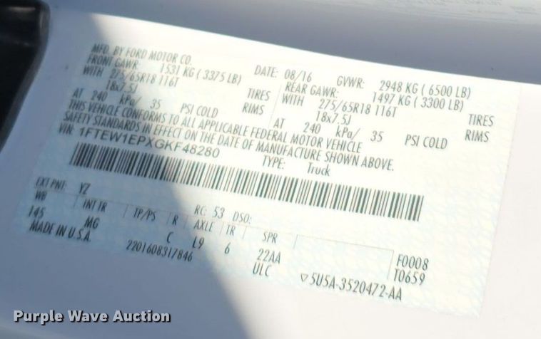 image for item DV0030 2016 Ford F150 SuperCrew pickup truck