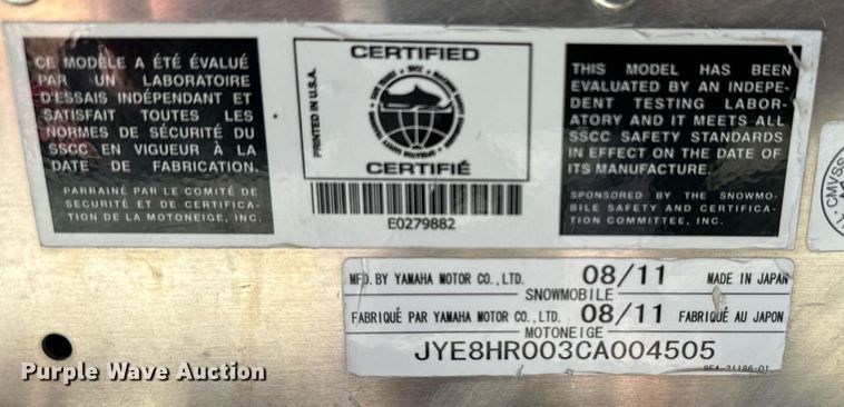 image for item DX3816 2012 Yamaha Nytro snowmobile