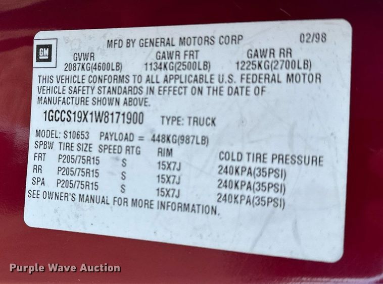 image for item EG2232 1998 Chevrolet S10 Ext. Cab pickup truck