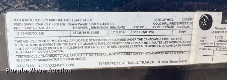 image for item EG2234 2017 Load Trail LLC tilt deck utility trailer