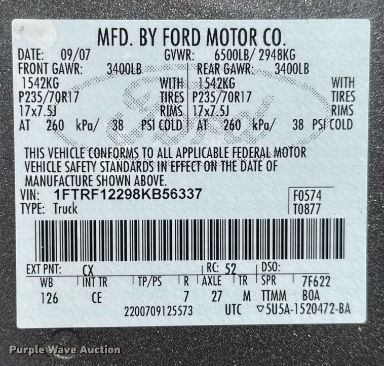 image for item EJ3196 2008 Ford F150 pickup truck