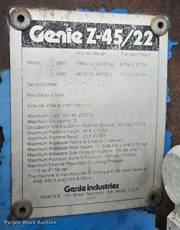 image for item EQ3593 1996 Genie  Z-45/22 boom lift