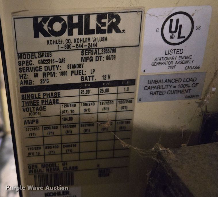image for item EQ3600 2009 Kohler  25RZGB  generator