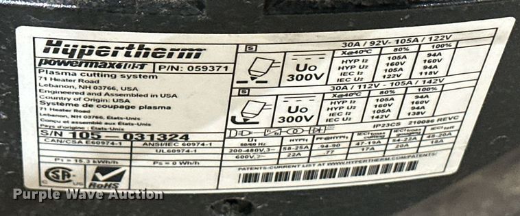 image for item ER8314 Hypertherm Powermax 105 plasma cutter